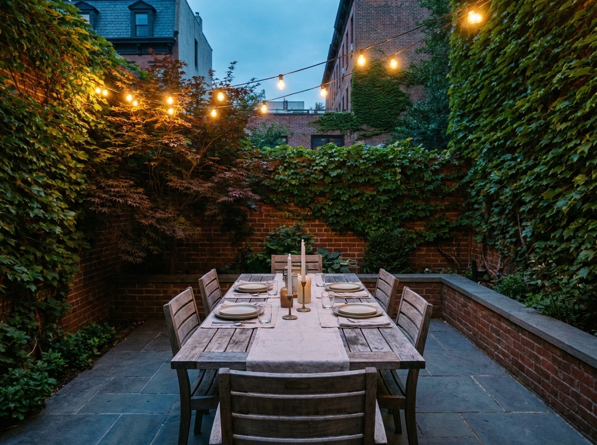 A brownstone garden at dusk with a set table for six, string lights overhead and ivy-covered brick walls
