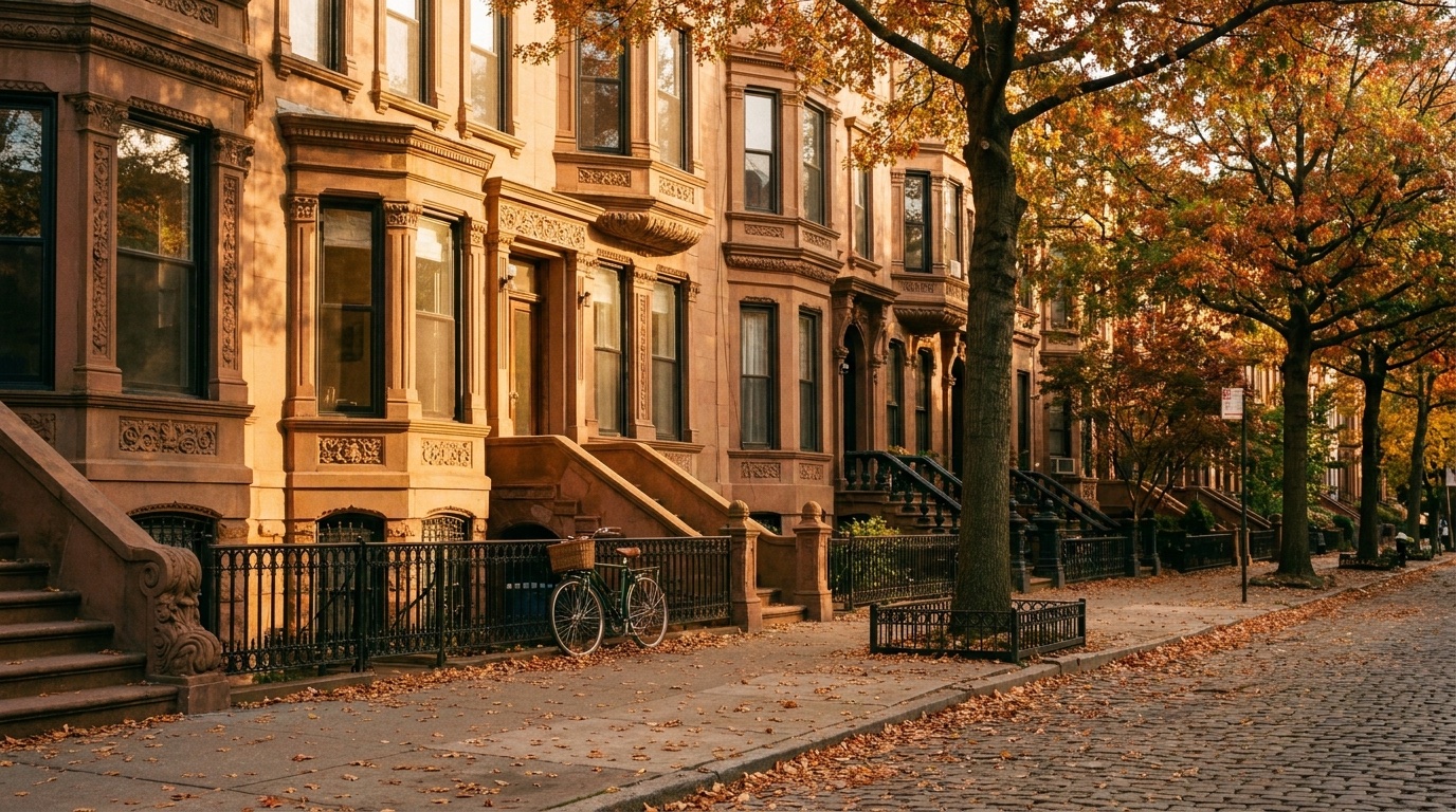 A row of brownstones on a leaf-covered Brooklyn block in autumn light, a bicycle leaning against the iron fence