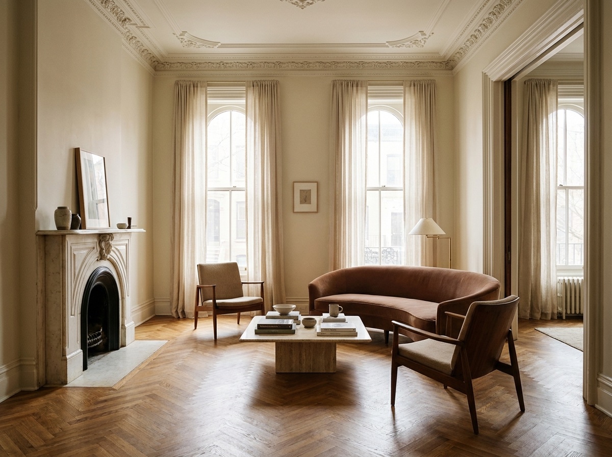 A brownstone parlor with twelve-foot ceilings, ornate plaster crown molding, a marble mantel and herringbone oak floors in afternoon light