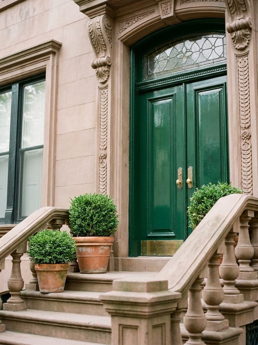A glossy forest-green double door at the top of a carved sandstone stoop, flanked by boxwoods in terracotta pots